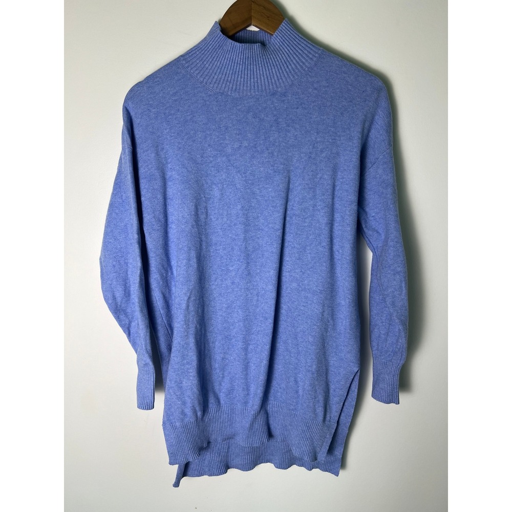 M&S Collection Mock Neck Sweater Dress Wm S Blue Knit Side Slit Cozy Minimal